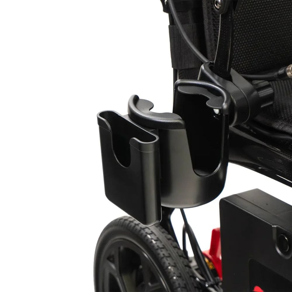 Black cup holder attached to a stroller on a white background