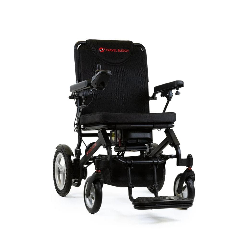 Black electric wheelchair with 'Travel Buddy' branding on a white background