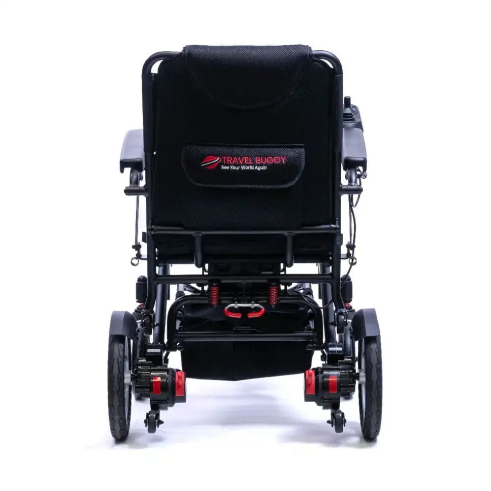 Black travel wheelchair with visible 'Travel Buggy' logo on a white background
