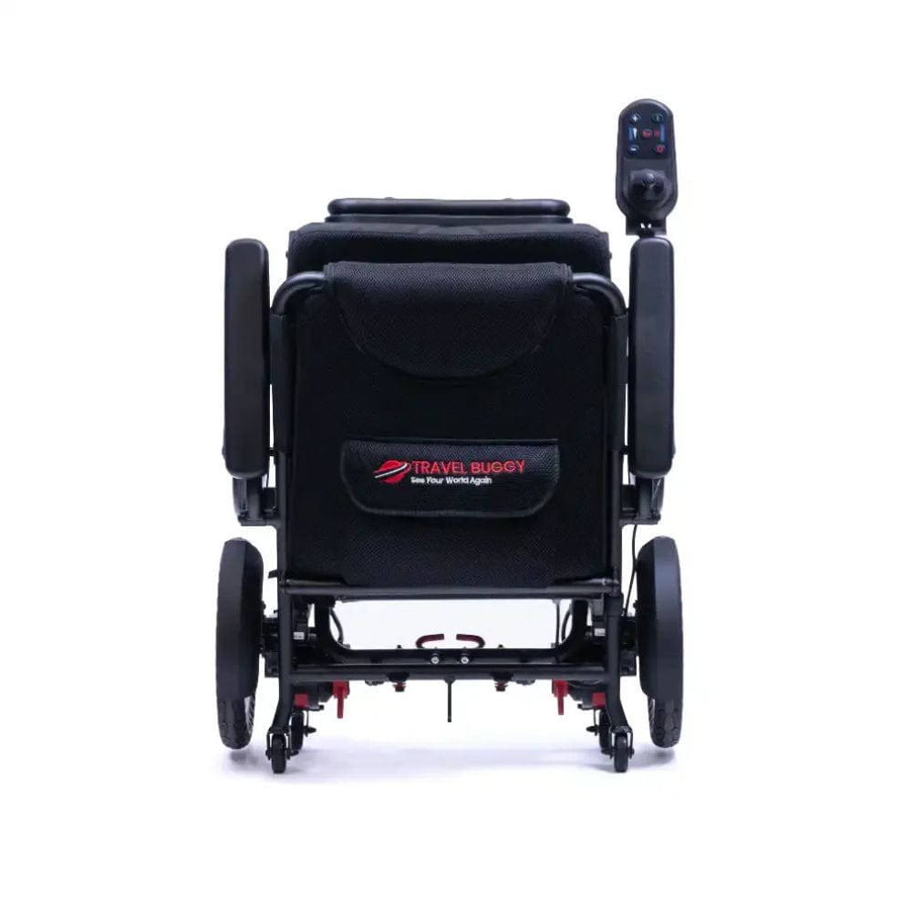 Black electric wheelchair with 'Travel Buggy' logo on a white background