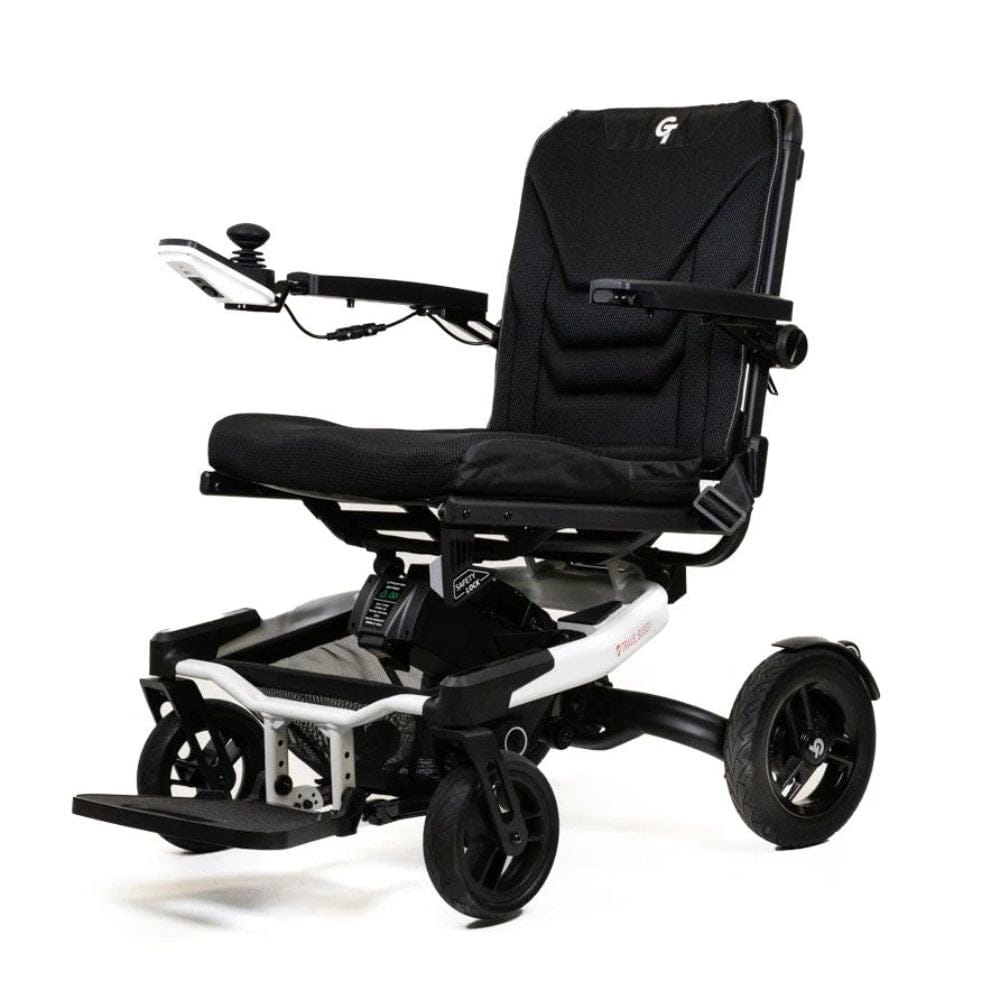 Black and white electric wheelchair on a white background
