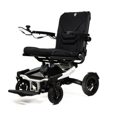 Black and white electric wheelchair on a white background