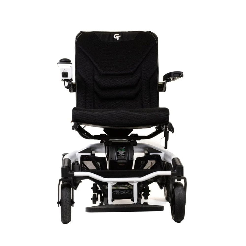 Black power wheelchair with visible brand logo on a white background