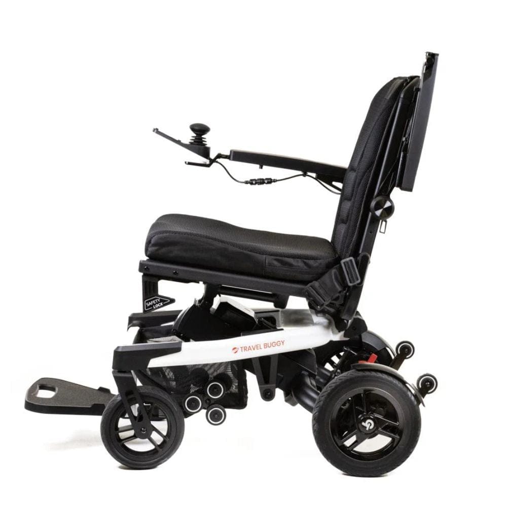 Black and white electric wheelchair on a white background