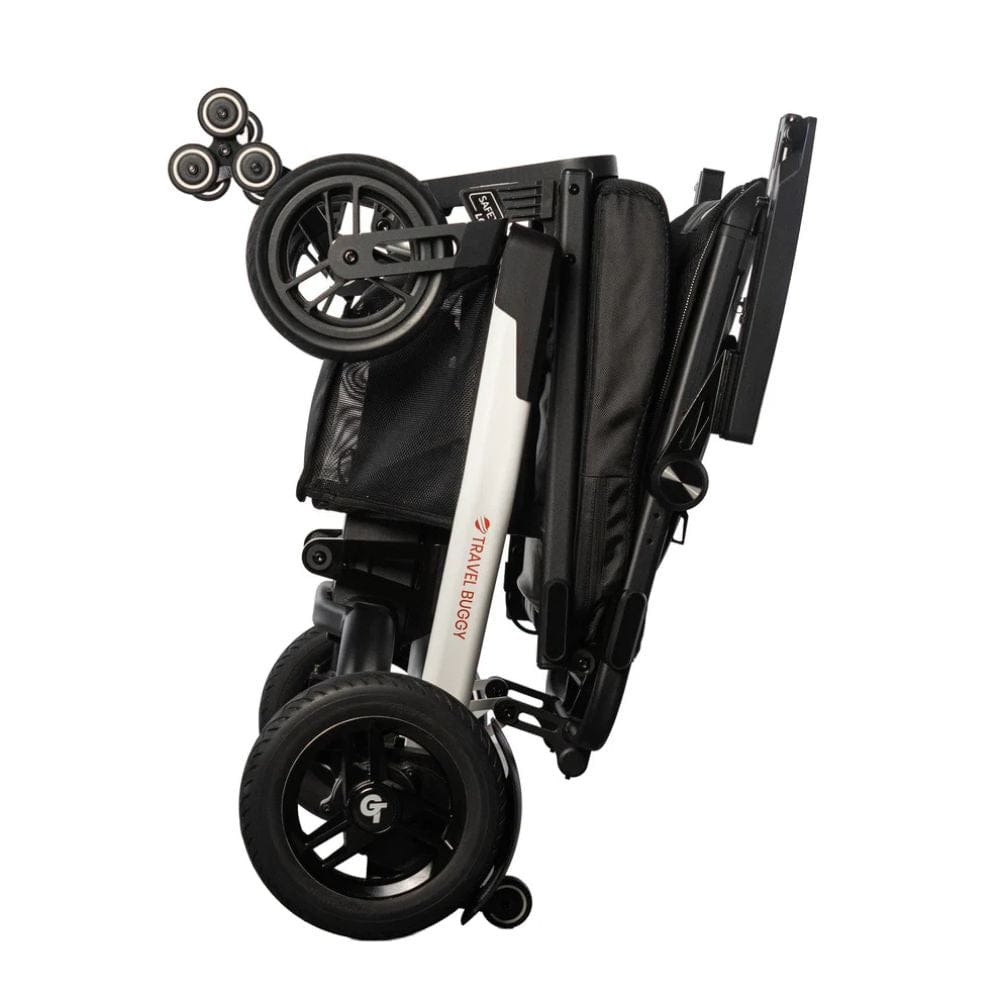 Foldable stroller with black wheels on a white background
