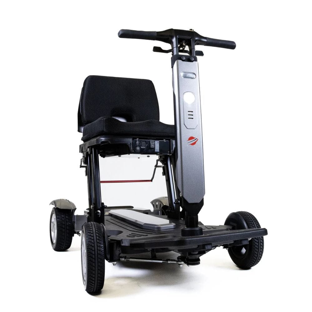 Black mobility scooter with a seat on a white background