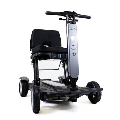Black mobility scooter with a seat on a white background