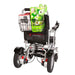 Portable electric wheelchair with a basket of flowers on a white background