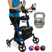 Person using a blue and black walker with a kettlebell labeled '300 lb capacity' on a white background.