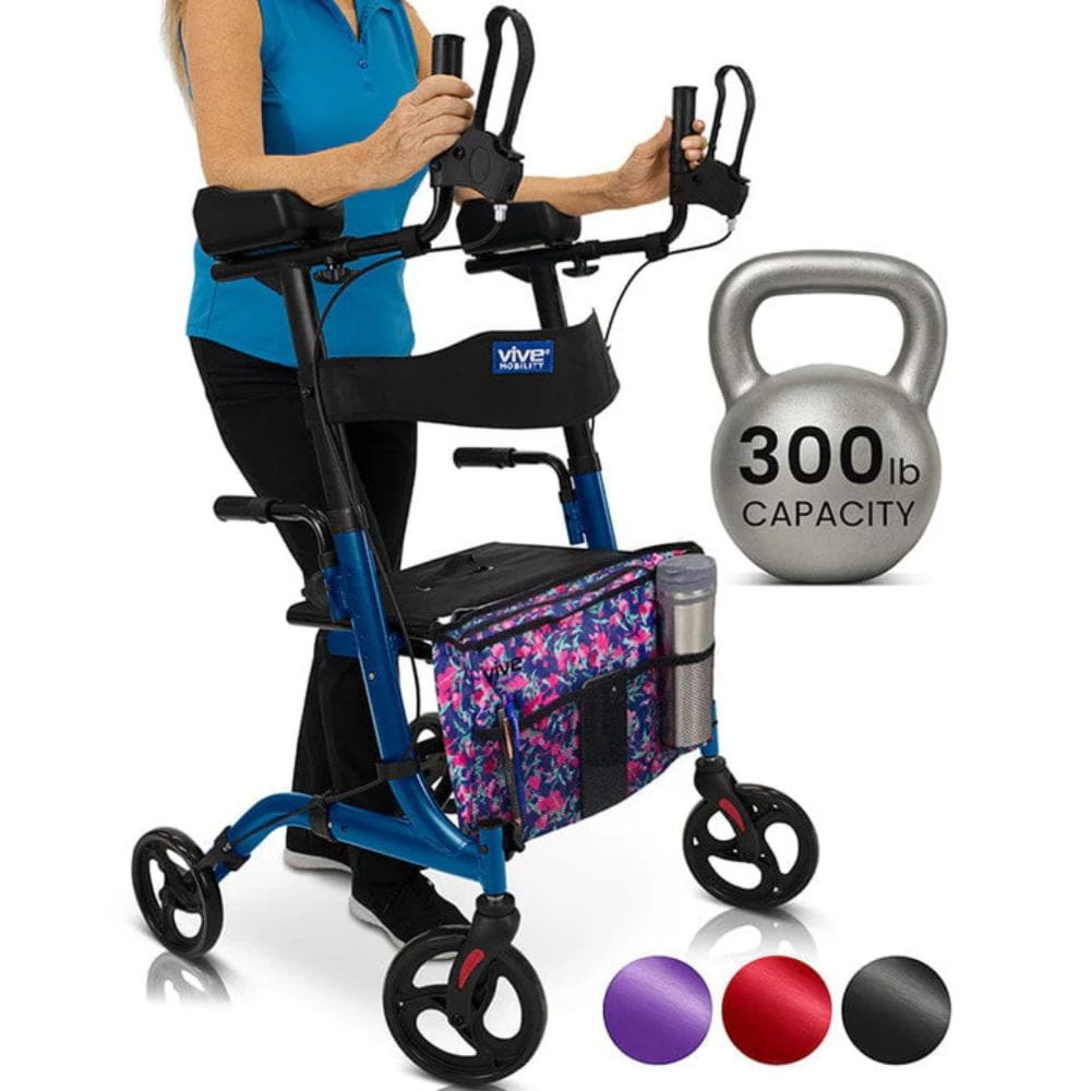 Person using a blue walker with a 300 lb capacity kettlebell on a white background