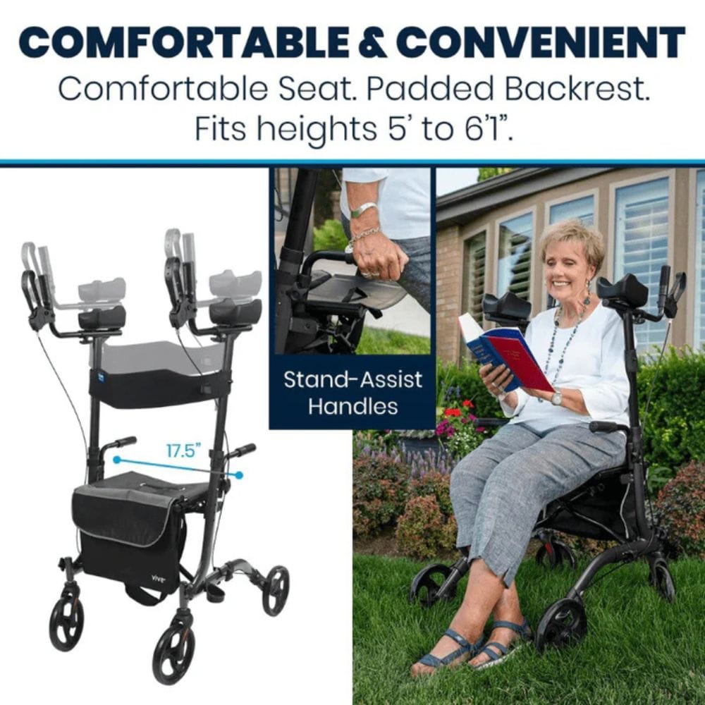 Rollator with features highlighted, including a comfortable seat and padded backrest, suitable for heights 5' to 6'.