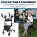 Rollator with features highlighted, including a comfortable seat and padded backrest, suitable for heights 5' to 6'.