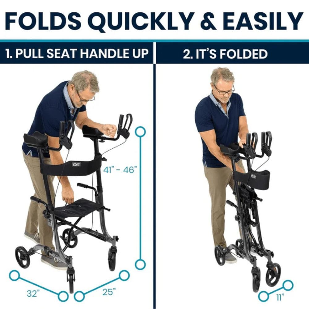 Stair climbing walker being folded and unfolded with text indicating ease of use.