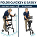Stair climbing walker being folded and unfolded with text indicating ease of use.