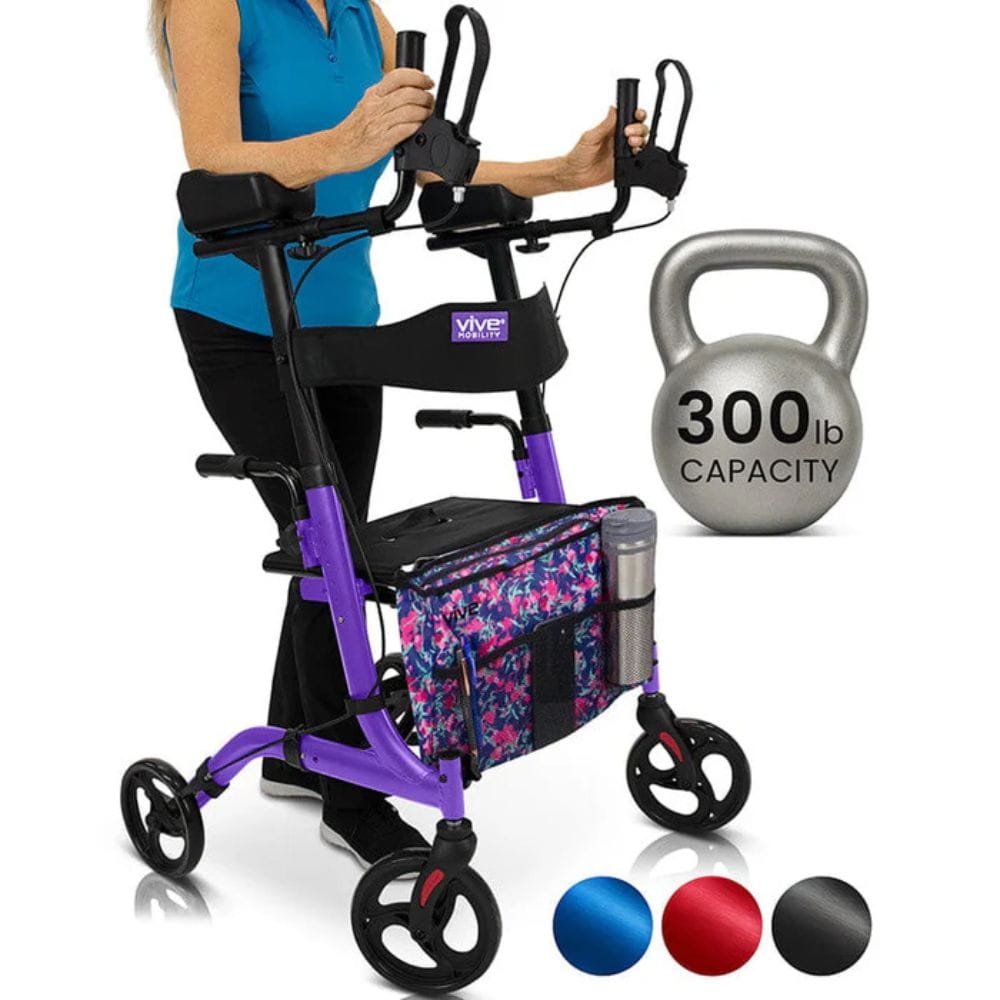 Person using a purple walker with a kettlebell labeled '300 lb capacity' on a white background