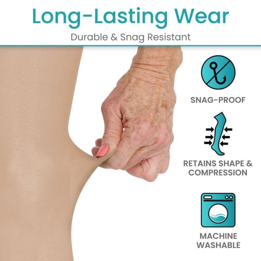 Hand holding leg with text 'Long-Lasting Wear' and icons indicating durability, snag resistance, shape retention, and machine washability.
