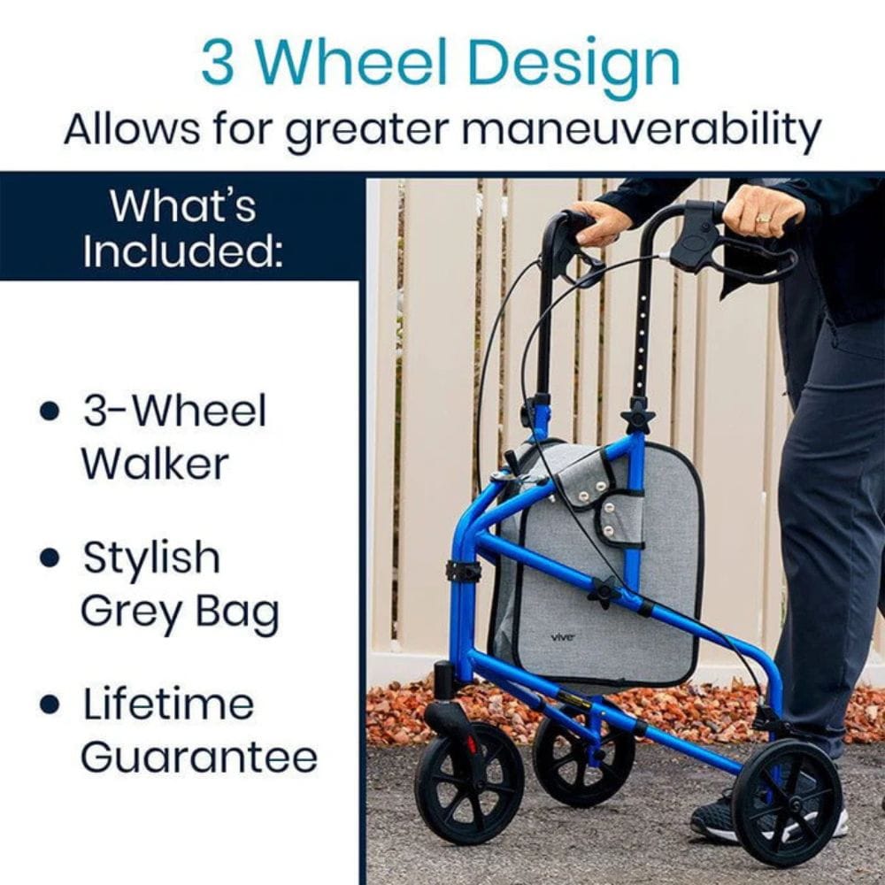 3-wheel walker with a stylish gray bag, shown with a person using it outdoors.