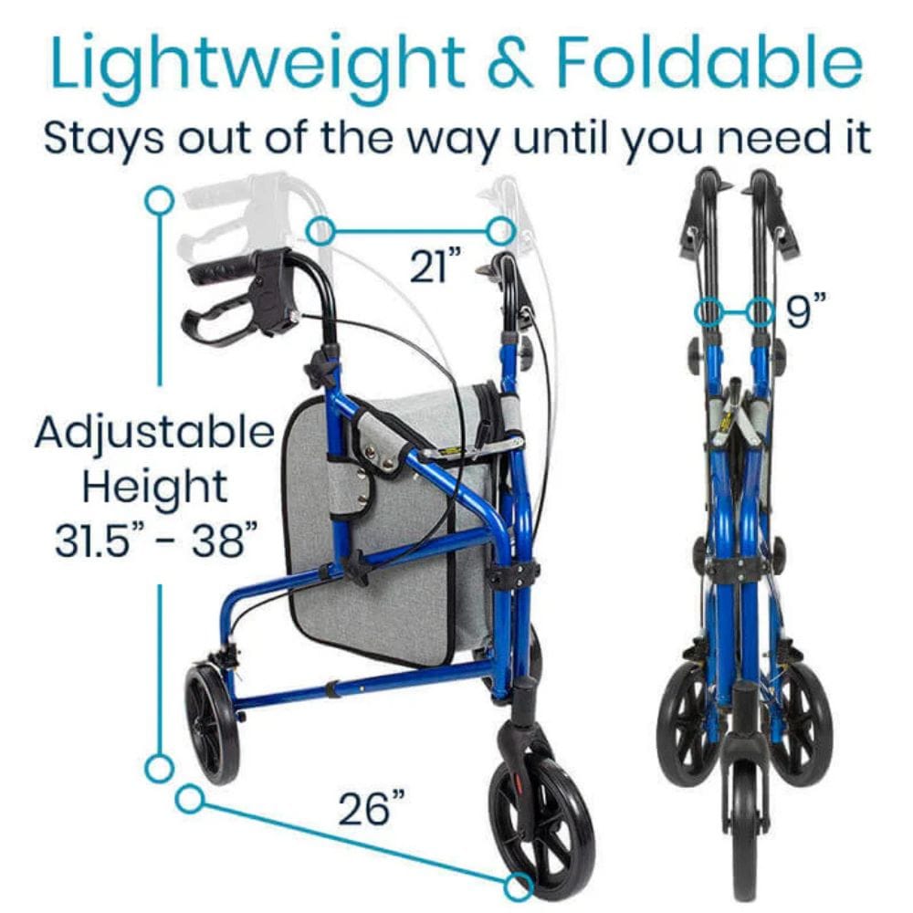Blue walker with measurements and text highlighting features on a white background