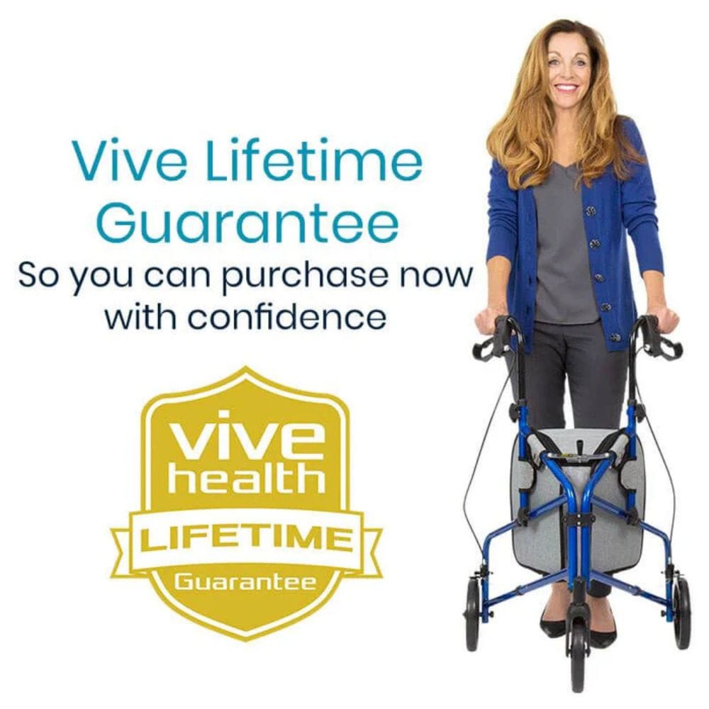 Woman using a walker with Vive Health Lifetime Guarantee text and logo on a white background