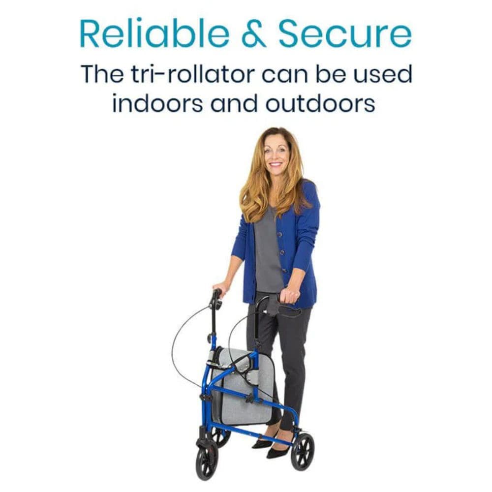 Woman pushing a blue and gray tri-roller with text about its reliability and versatility.