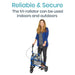 Woman pushing a blue and gray tri-roller with text about its reliability and versatility.