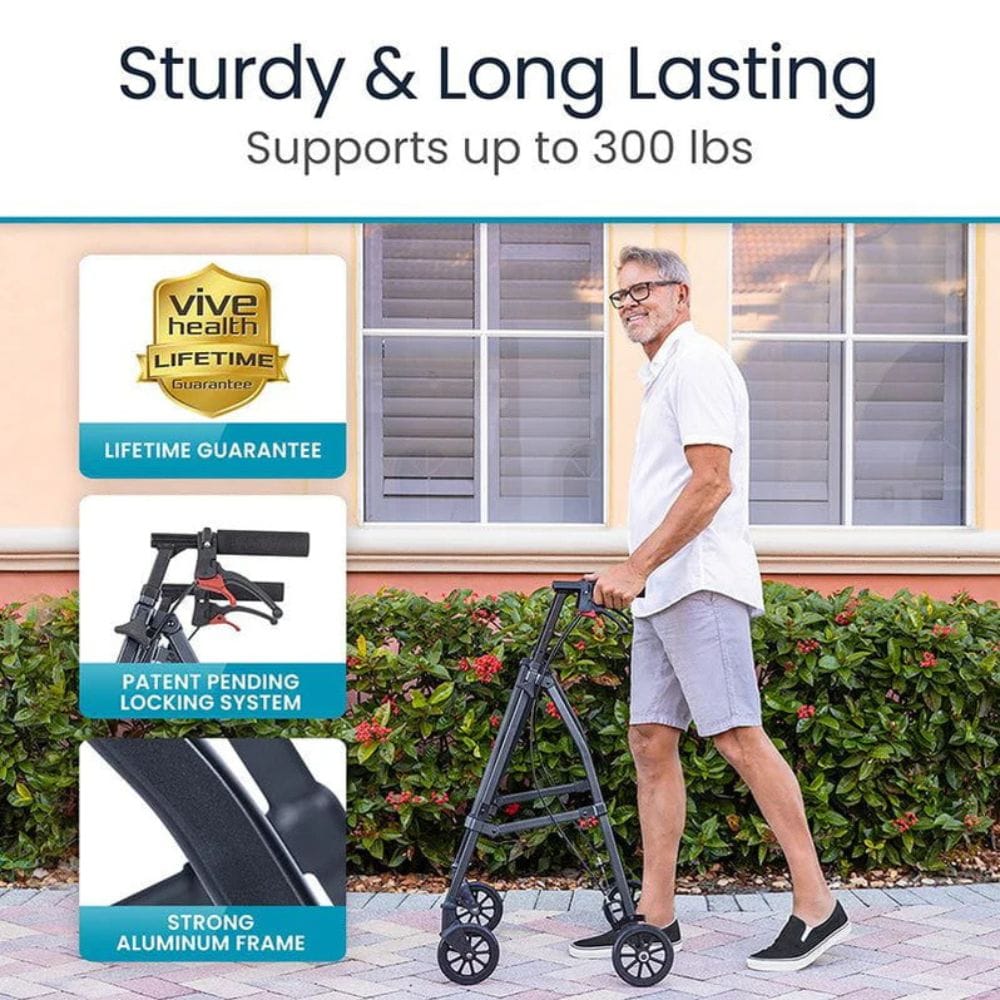 Man using a walker with Vive Health branding, featuring text about durability and weight support.