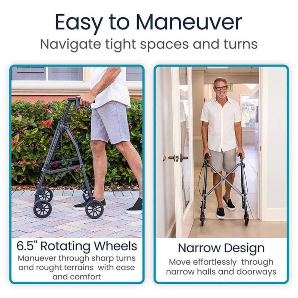 Person using a walker with 6.5" rotating wheels and narrow design features.