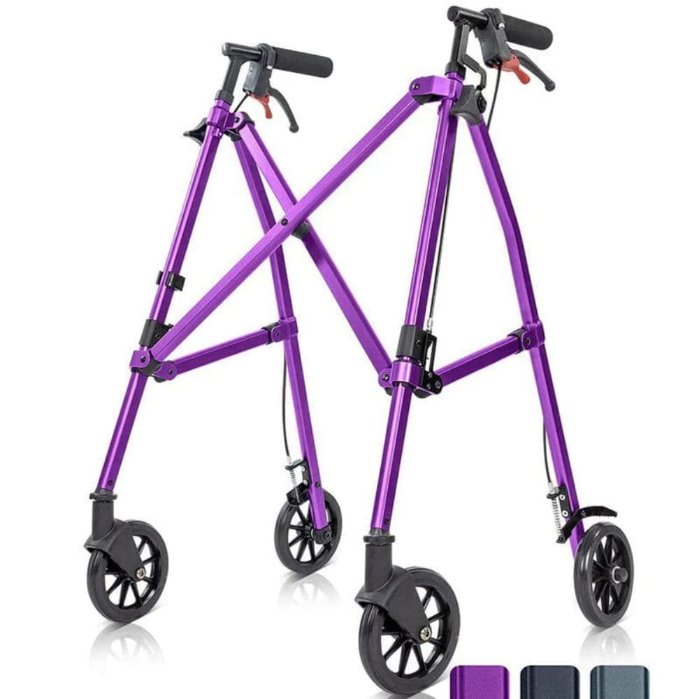 Purple walker with wheels on a white background