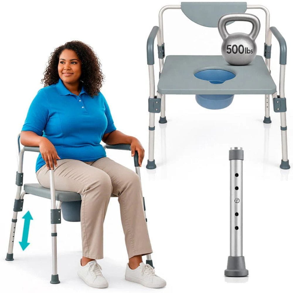 Woman sitting on a adjustable height chair with a kettlebell on a white background