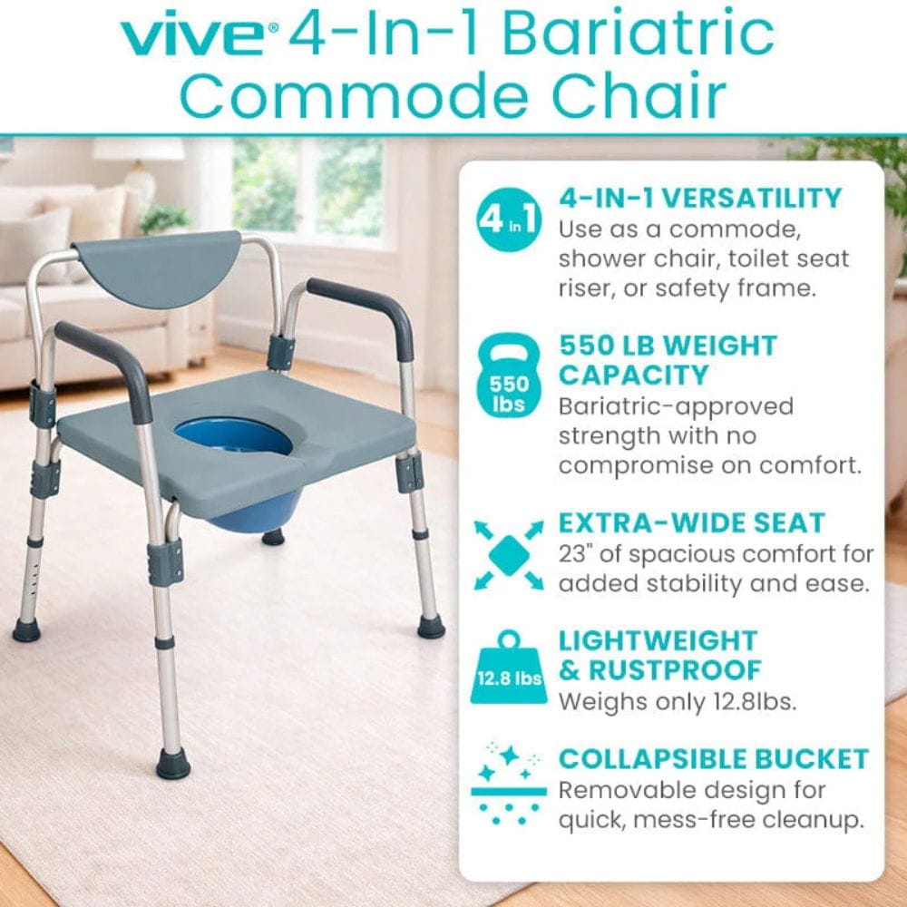 Vive 4-in-1 Bariatric Commode Chair with features listed on a white background