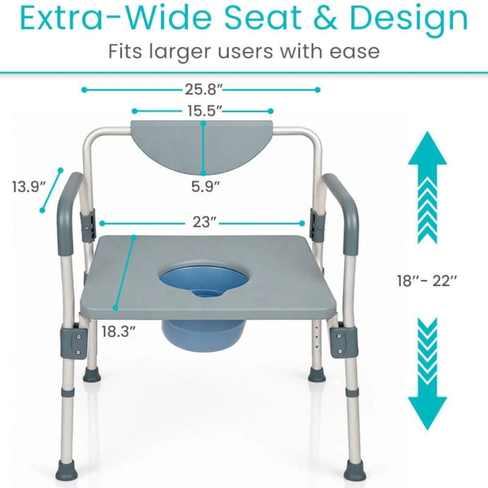 Measurement chart of a commode chair with dimensions on a white background