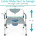Measurement chart of a commode chair with dimensions on a white background