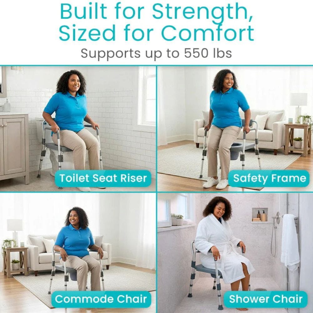 Collage of a woman using various chairs with text highlighting their features.