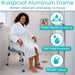 Woman in a white robe using a shower chair with text highlighting rustproof aluminum frame, water-resistant design, and shower-ready feature.