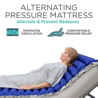 Woman lying on a blue alternating pressure mattress with text highlighting its benefits.