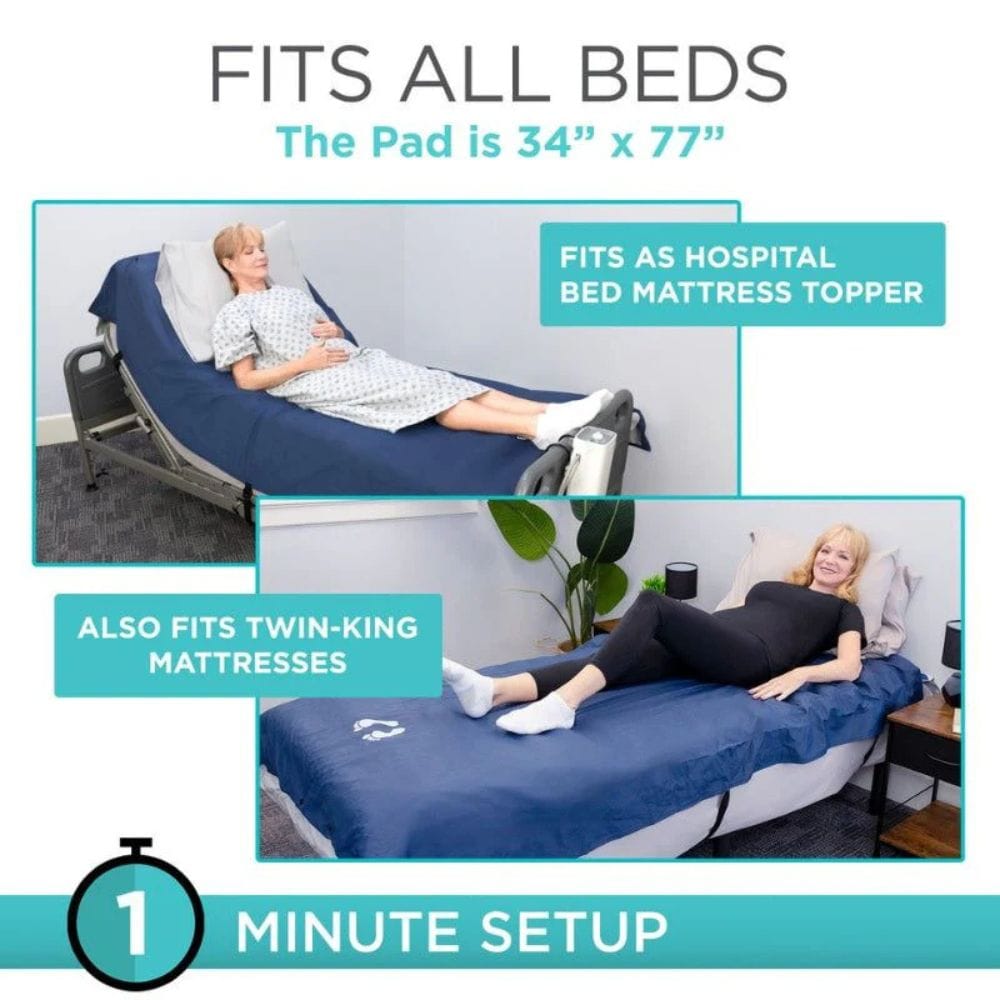Bed pad being used on a hospital bed and regular bed with text indicating size and compatibility.