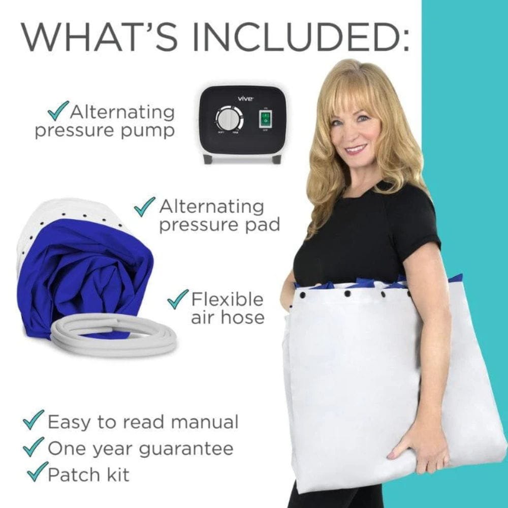 Woman holding an alternating pressure pad with pump and hose, featuring product components on a teal background.