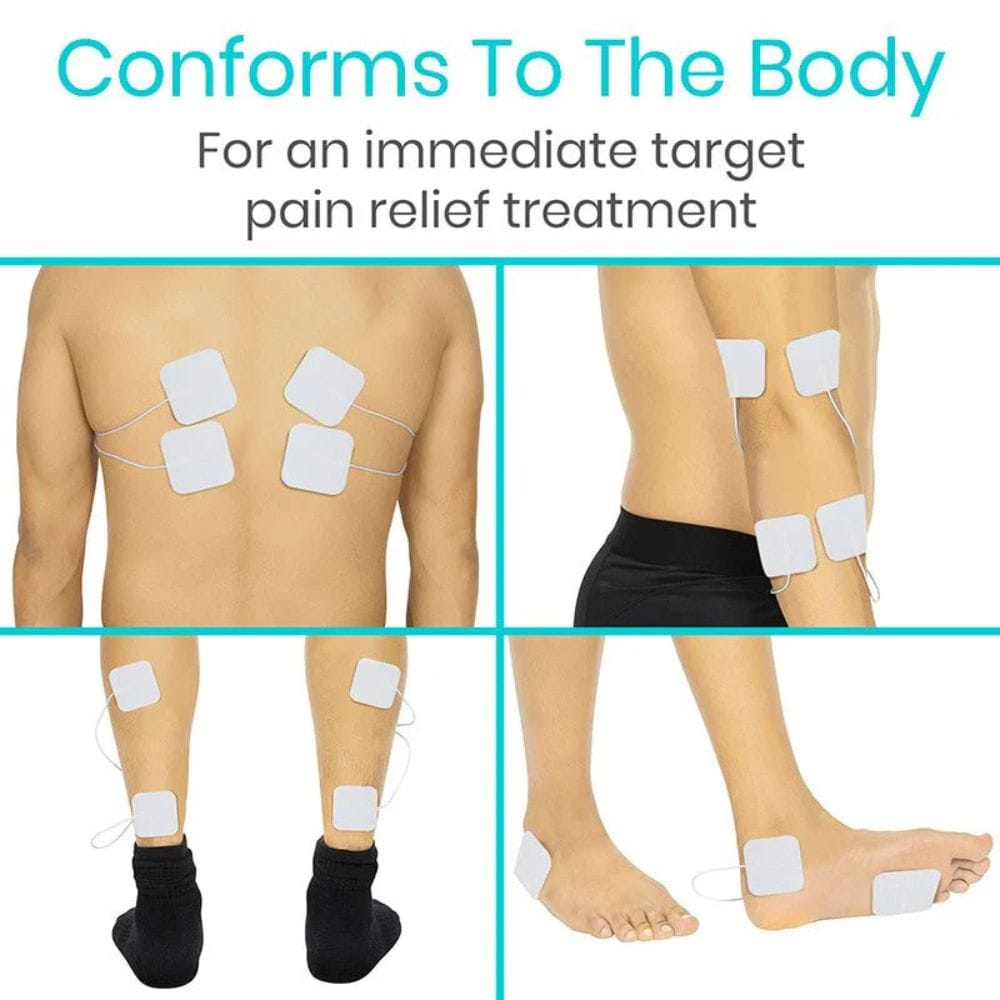 Electric shocker pads on different parts of a person's body with text about pain relief.