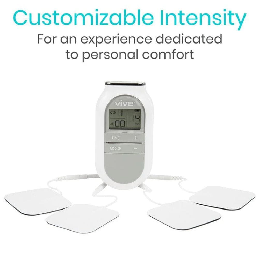 Vive electronic device with digital display and electrodes on a white background, featuring text about customizable intensity.