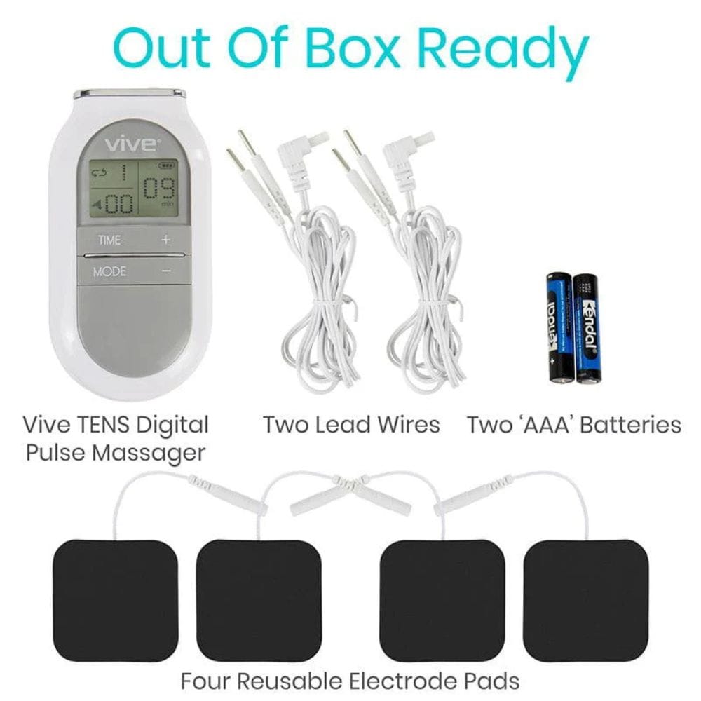 Vive TENS Digital Pulse Massager set with lead wires, batteries, and electrode pads on a white background.