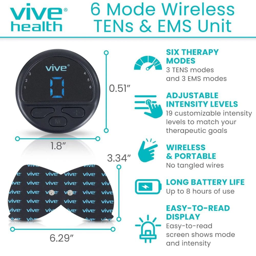 Vive Health 6 Mode Wireless TEN's & EMS Unit with features listed.