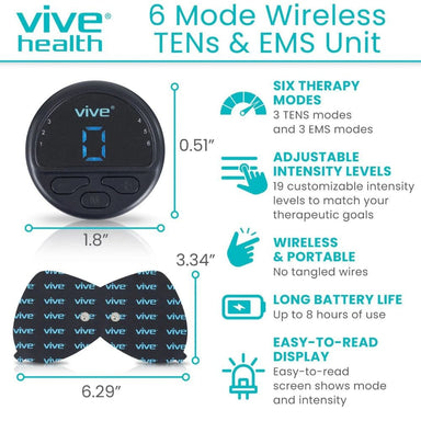 Vive Health 6 Mode Wireless TEN's & EMS Unit with features listed.