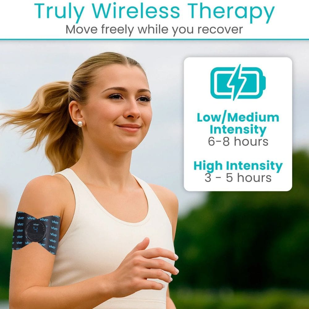 Woman running outdoors with a device on her arm, featuring text about wireless therapy and battery life.