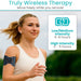 Woman running outdoors with a device on her arm, featuring text about wireless therapy and battery life.
