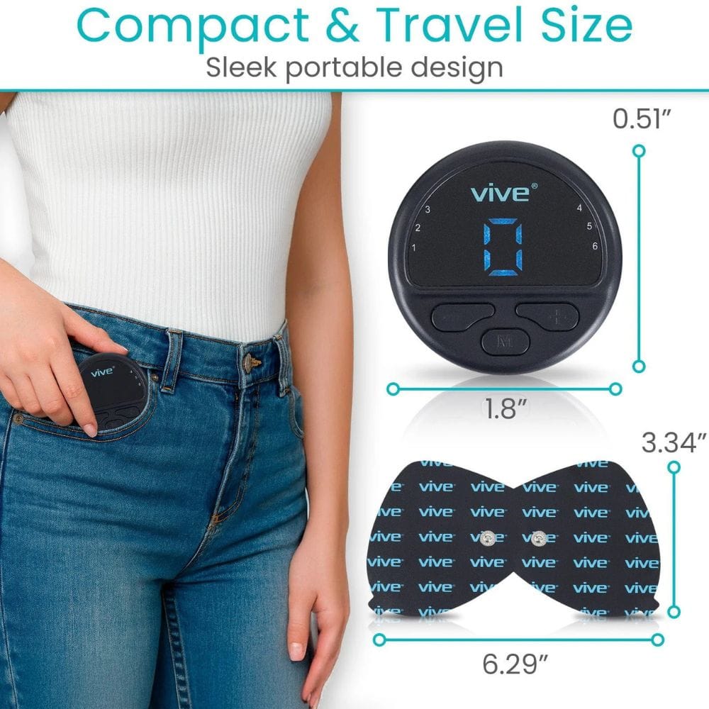 Compact electronic device with measurements and a person wearing it, labeled 'vive'.