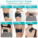 Pain relief device being used on various parts of the body including arms, shoulders, abdomen, back, legs, and neck.