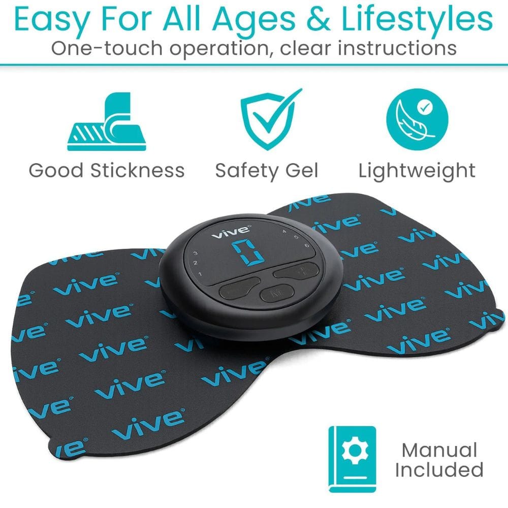 Vive electronic device with controller on a white background, featuring text and icons about product features.