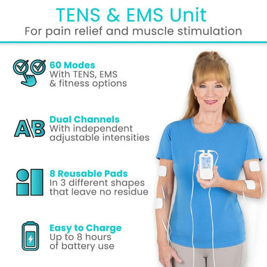 TENS & EMS unit advertisement with a woman wearing it, highlighting features like 60 modes, dual channels, and reusable pads.