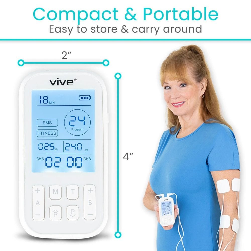 Vive electronic device with digital display, held by a person wearing electrodes, on a white background.