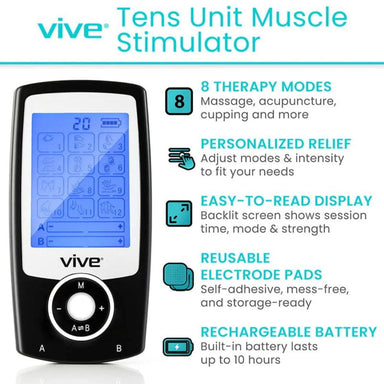 Vive tens unit muscle stimulator with features listed on a white background